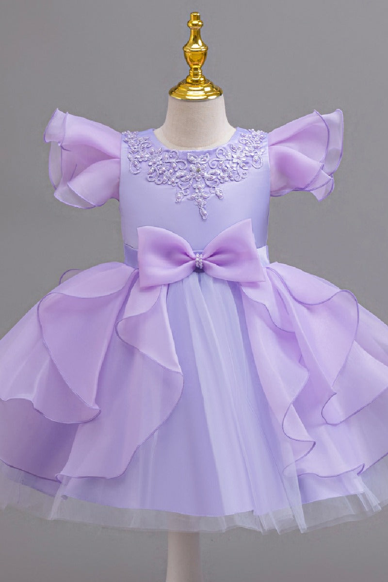 Short Flutter Sleeve Organza Knee Length Flower Girl Dresses 1028919378818