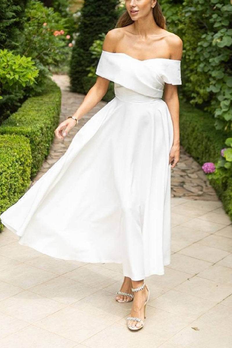 A-Line Tea Length Elastic Cloth Little White Dress 100037 - COCOMELODY