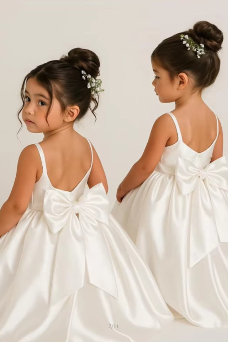 A-Line Scoop Neck Thin Strap Satin Gown Back Bow Flower Girl Dresses 1059110372999