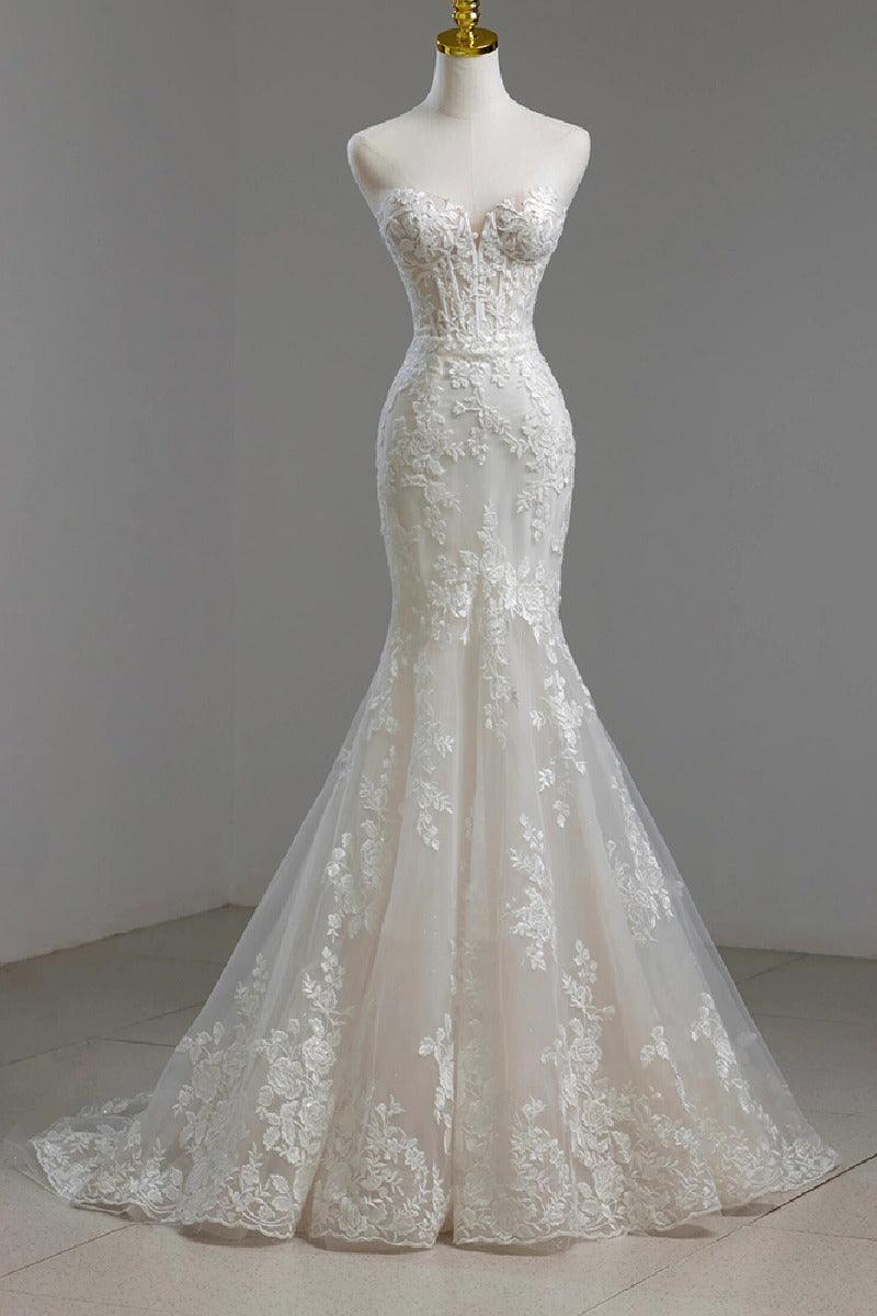 Trumpet-Mermaid Sweep-Brush Train Lace Tulle Wedding Dress795300012049 - COCOMELODY