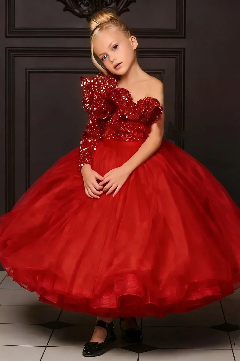 Ball Gown One Shoulder Long Sleeve Ankle Length Tulle Ruffled Sequin Bust Flower Girl Dresses 750104605618