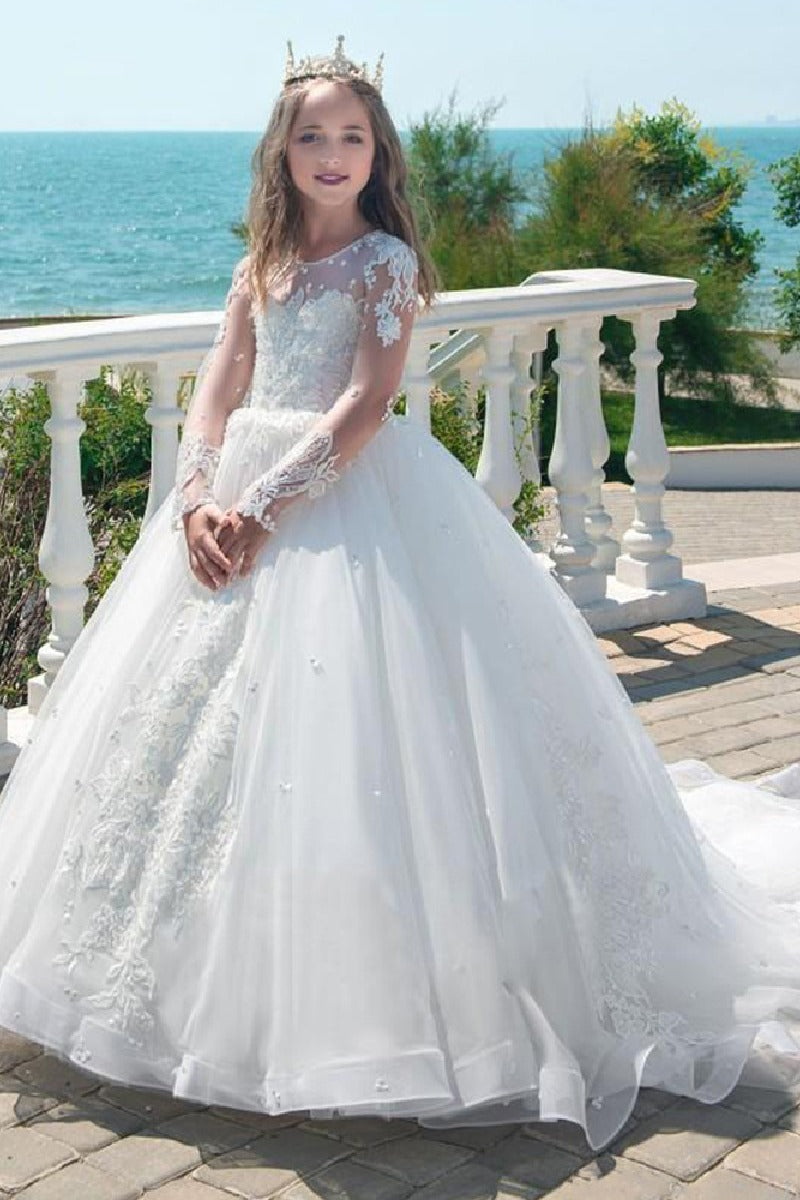 Ball Gown Illusion Round Neck Long Illusion Lace Sleeves Tulle Sweep-Brush Train Flower Girl Dresses 618147584052