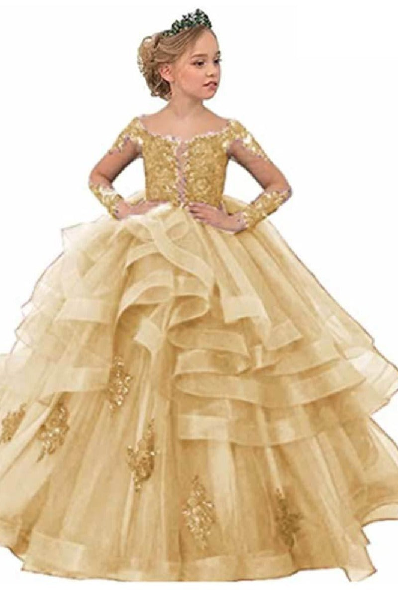 A-Line Off The Shoulder Long Sleeve Tulle Floor Length Flower Girl Dresses 617925271837