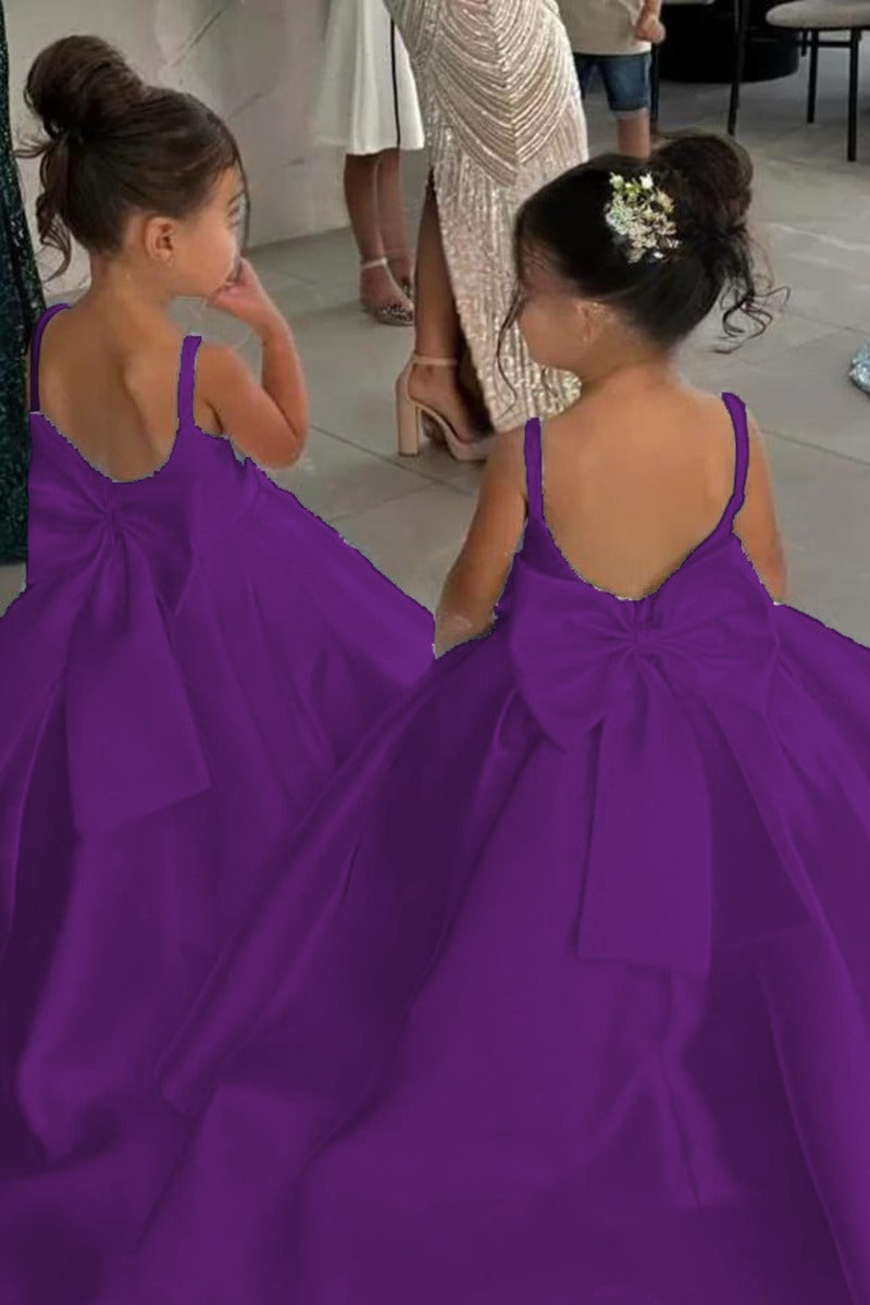 Elegant Satin Spaghetti Straps Back Big Bow Flower Girl Dresses 943918273899