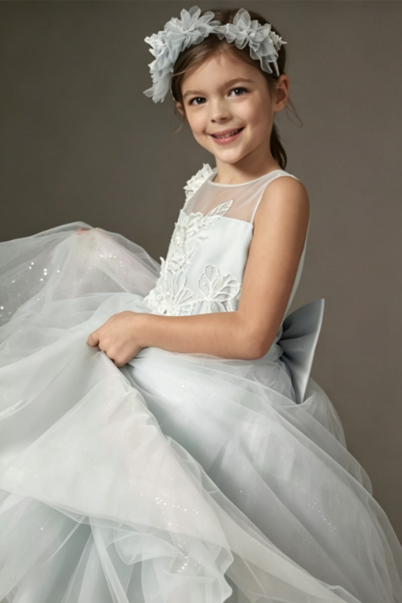 Princess Illusion Round Neck High-Low Lace Tulle Flower Girl Dresses 1062488474414