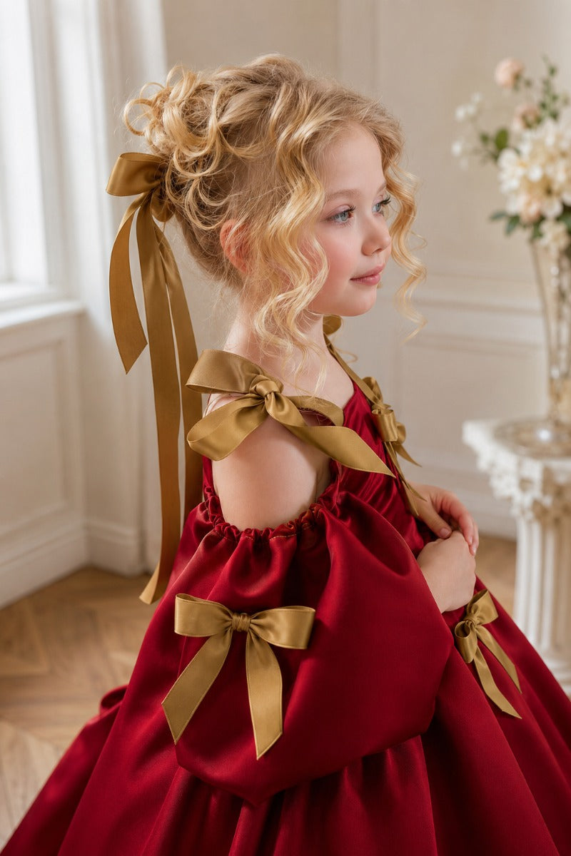 Sweet Satin Cold Shoulder Puff Sleeves Bow Details Flower Girl Dresses 994215152061