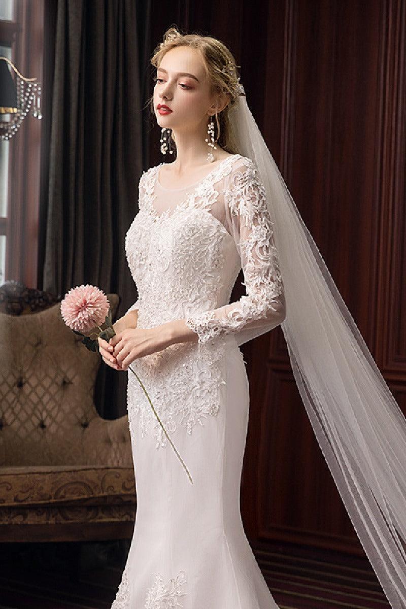 Trumpet-Mermaid Sweep-Brush Train Lace Tulle Wedding Dress 605503223960 - COCOMELODY
