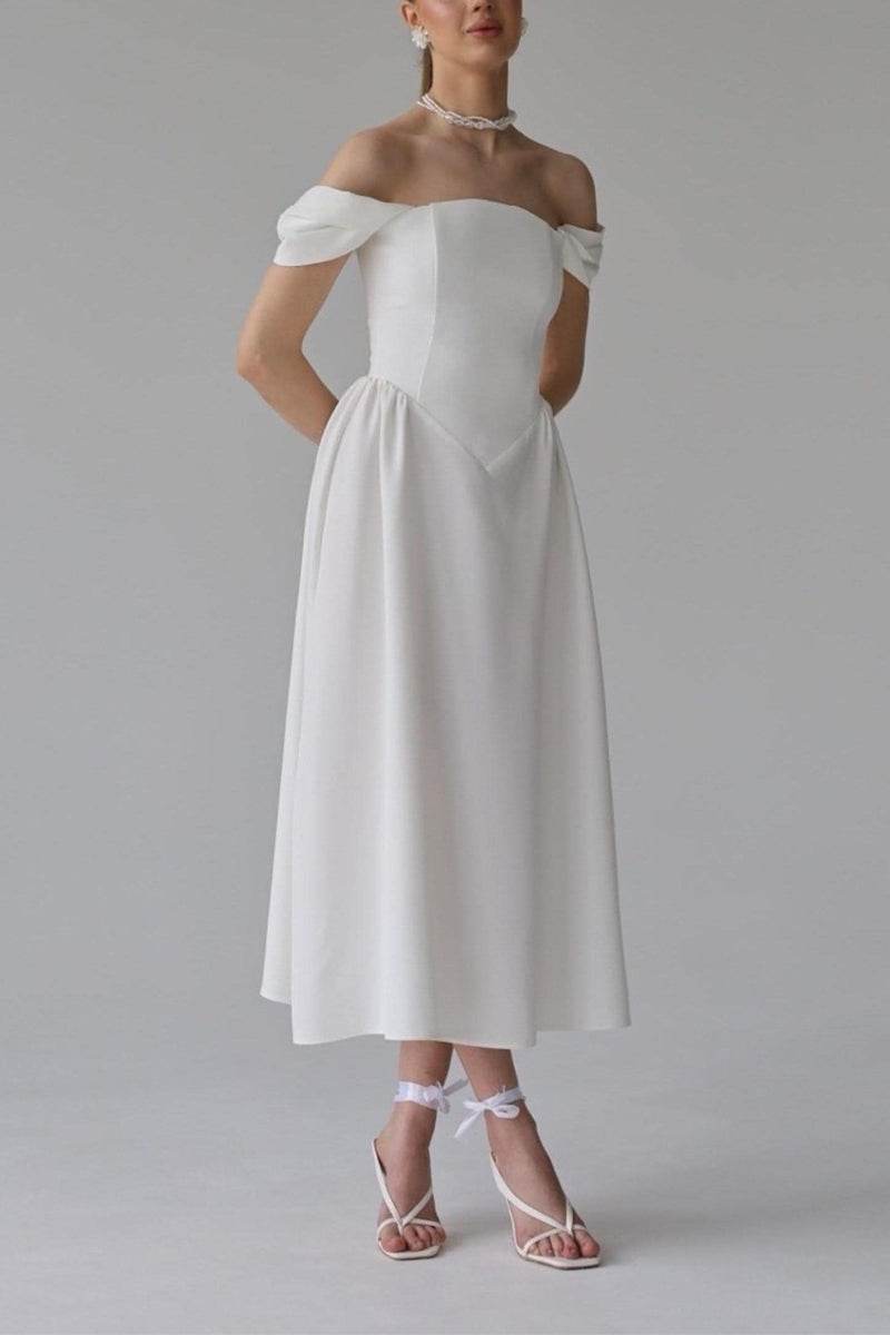 A-Line Tea Length Elastic Cloth Little White Dress 100005 - COCOMELODY