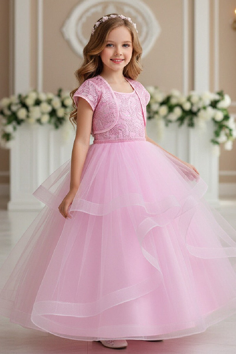 Two-Piece Sequin Lace Short Sleeve Bolero Jacket With Spaghetti Strap Tulle Floor-Length Flower Girl Dresses 1030169357466