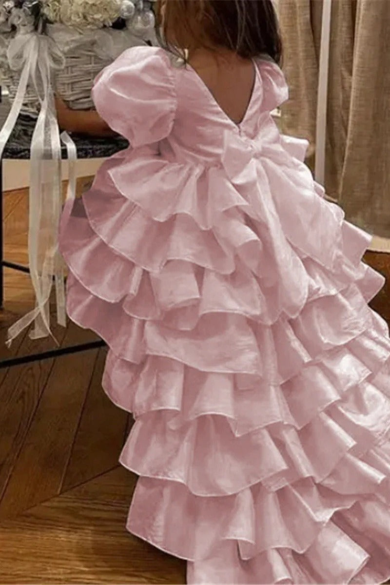 Romantic High-Low Train Tiered Ruffles Back Bow Flower Girl Dresses 950388949190