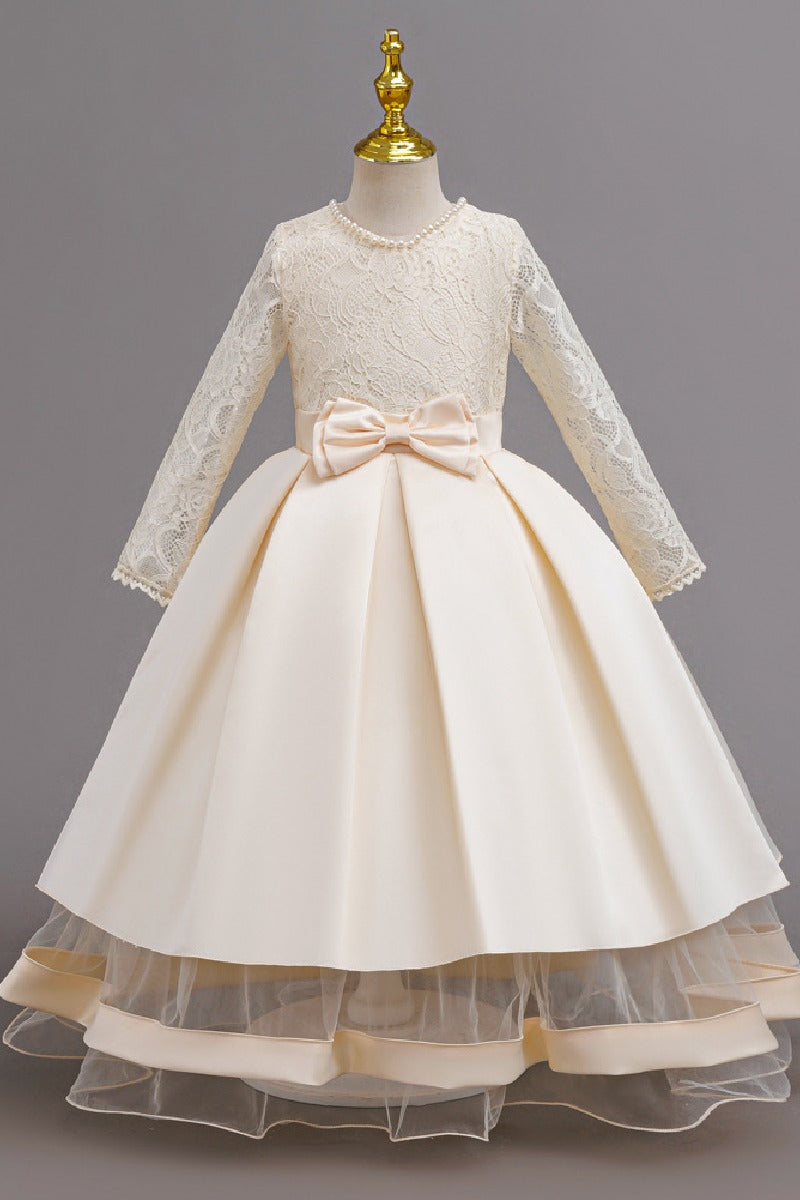 A-Line Pearl Neck Long Sleeve Satin Ankle Length Flower Girl Dresses 1049638009353