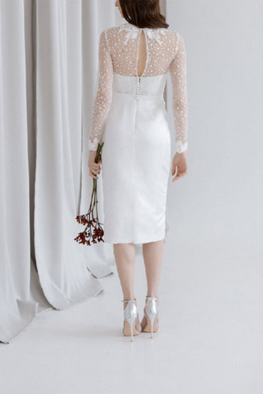 Sheath-Column Tea Length Lace Satin little white dress100002