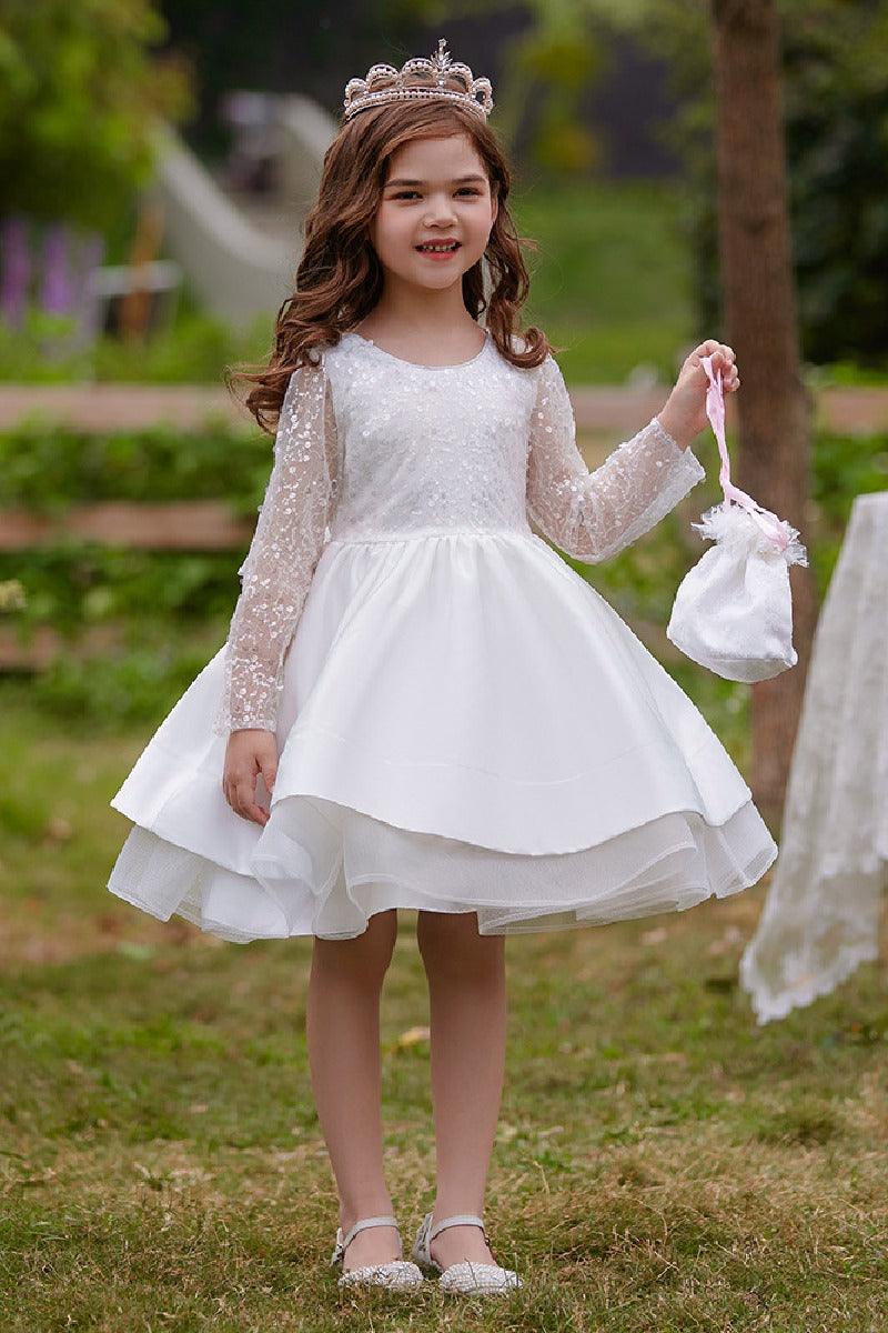 A-Line Scoop Neck Long Sleeve Knee Length Lace/Satin Flower Girl Dresses 709360205661 - COCOMELODY