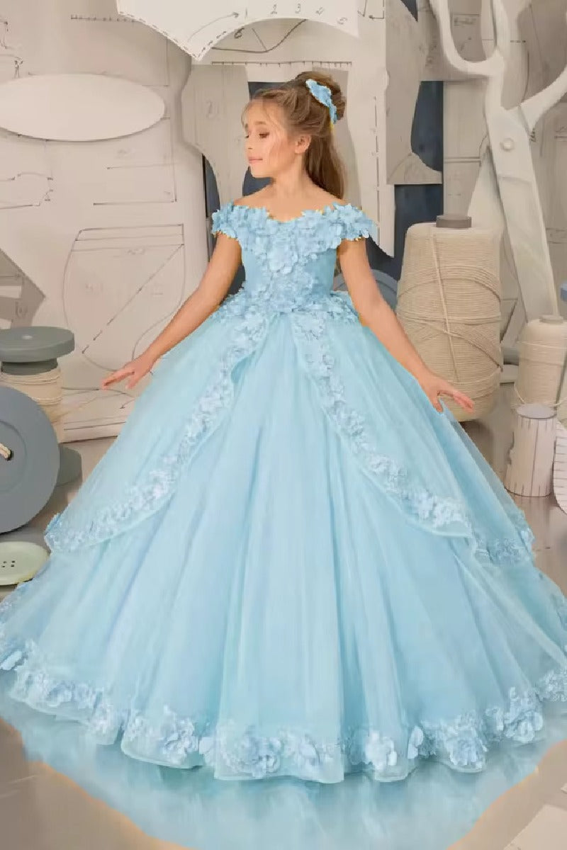 A-Line Off The Shoulder Cap Sleeve Tulle Court Train Flower Girl Dresses 905552294527