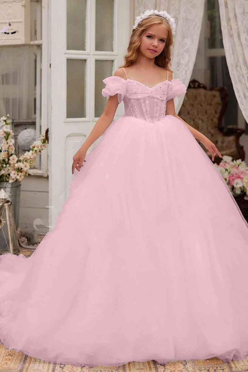 Off-Shoulder Puff Sleeve Corset Tulle Flower Girl Dresses 788863068858