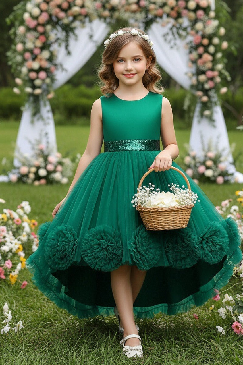 Princess Scoop Neck Sleeveless Hi-Low Tulle Pom Poms Flower Girl Dresses 1029780202104