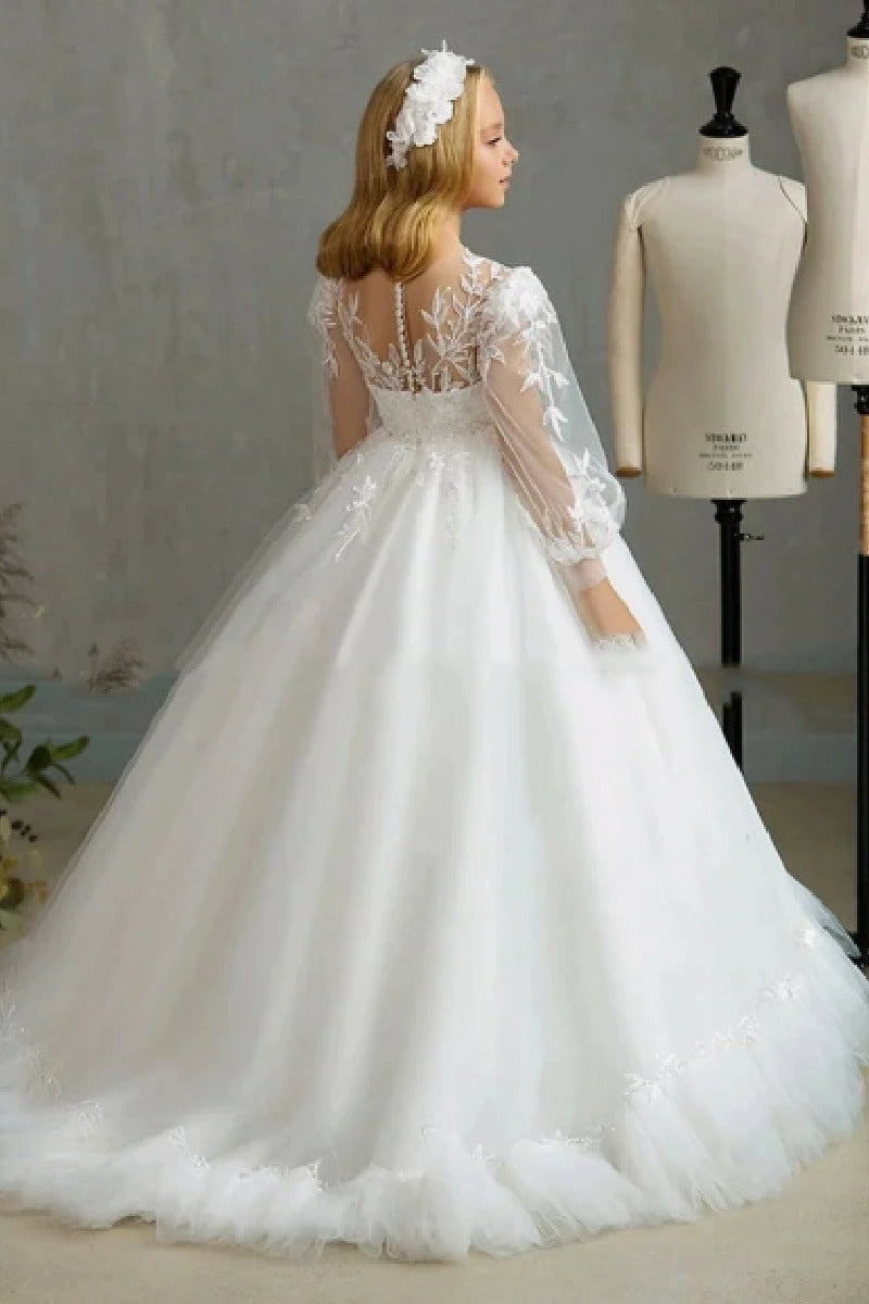 Ball Gown Illusion Sweetheart Neck Sheer Puff Long Lace Sleeves With Fitted Cuffs Tulle Floor Length Flower Girl Dresses 733237512683