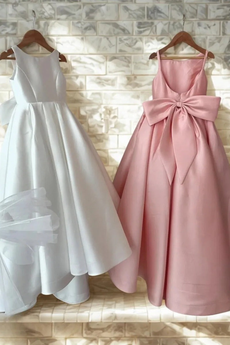 A-Line Scoop Neck Thin Strap Satin Gown Back Bow Flower Girl Dresses 1059110372999