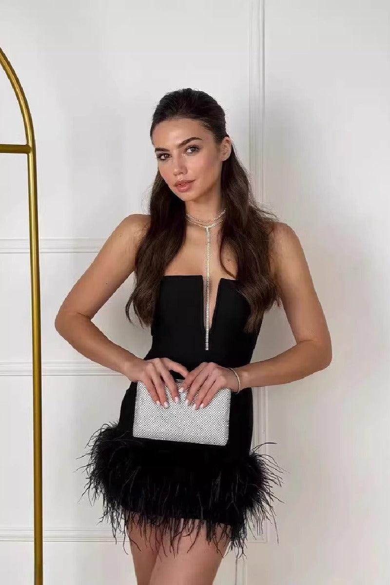 Strapless style socialite party ostrich fur bandage cocktail dress 841018847657 - COCOMELODY
