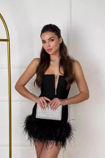 Strapless style socialite party ostrich fur bandage cocktail dress 841018847657 - COCOMELODY