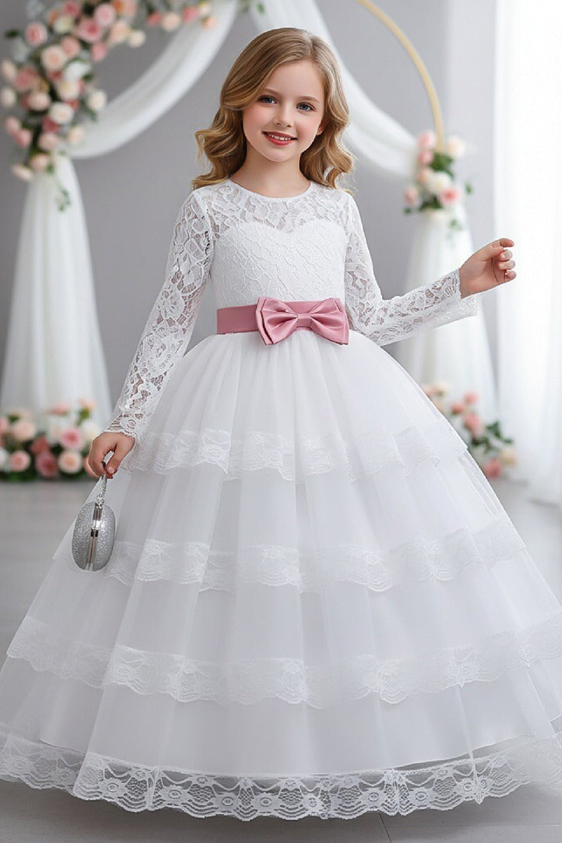 A-Line Long Sleeve Illusion Neck Tiered Lace Tulle Floor Length Flower Girl Dresses 1050524780369