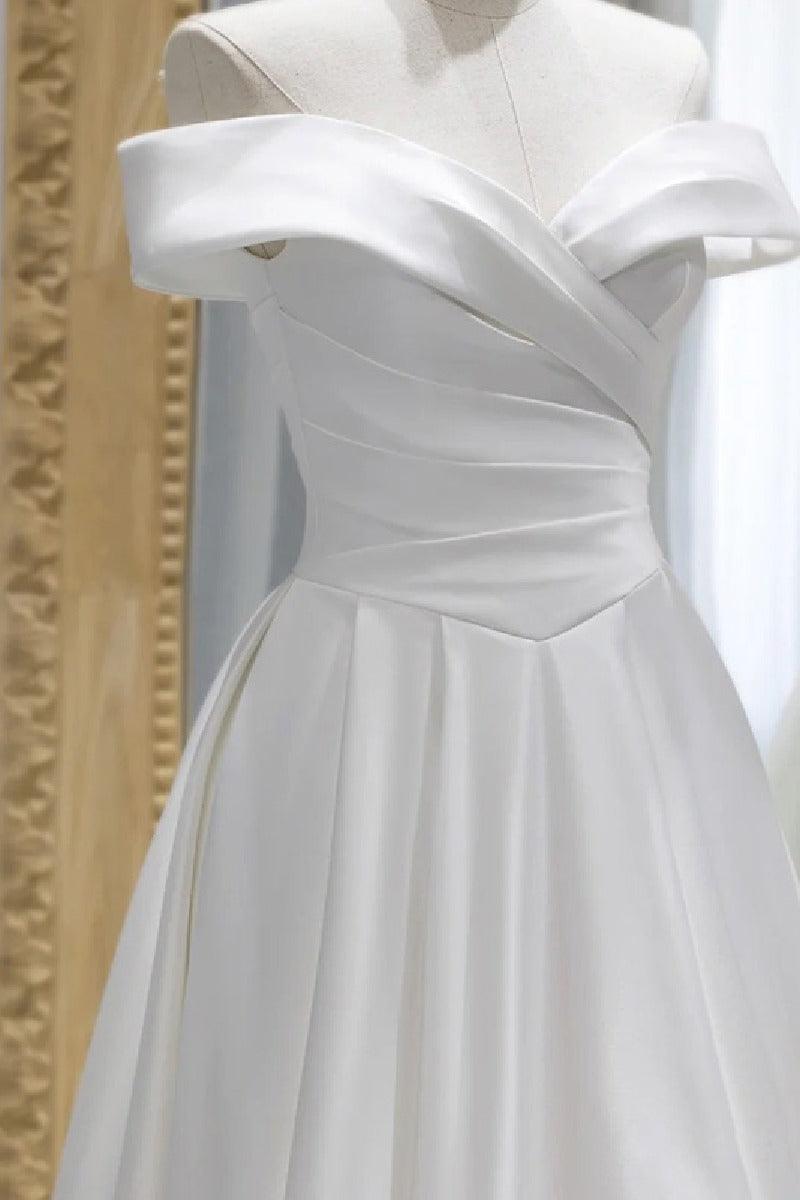 A-Line Sweep-Brush Train Satin Wedding Dress 657200409206 - COCOMELODY