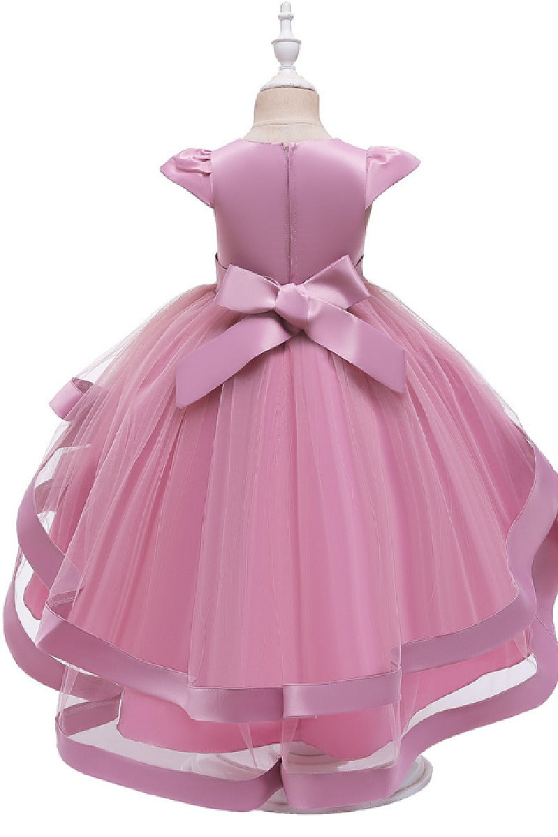 Princess Cap Sleeve High-Low Tulle Satin Ribbon Trim Flower Girl Dresses 1029094443108