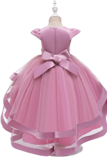 Princess Cap Sleeve High-Low Tulle Satin Ribbon Trim Flower Girl Dresses 1029094443108