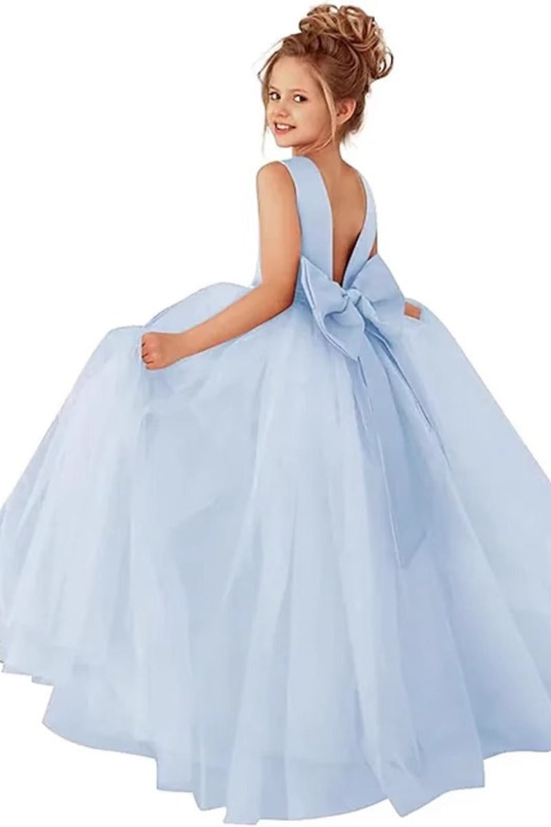 Satin Sleeveless Round Neck V-Back Bow Floor Length Flower Girl Dresses 772100832769