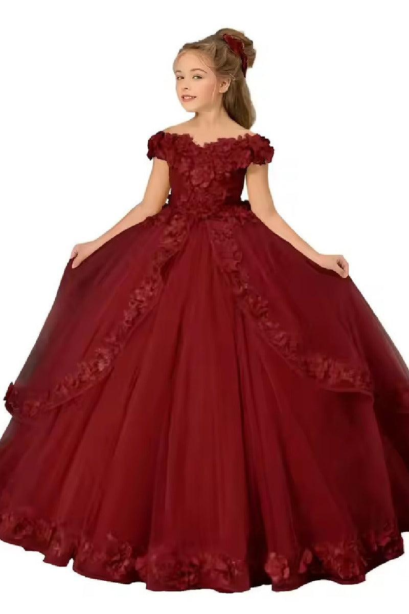 A-Line Off The Shoulder Cap Sleeve Tulle Court Train Flower Girl Dresses 905552294527