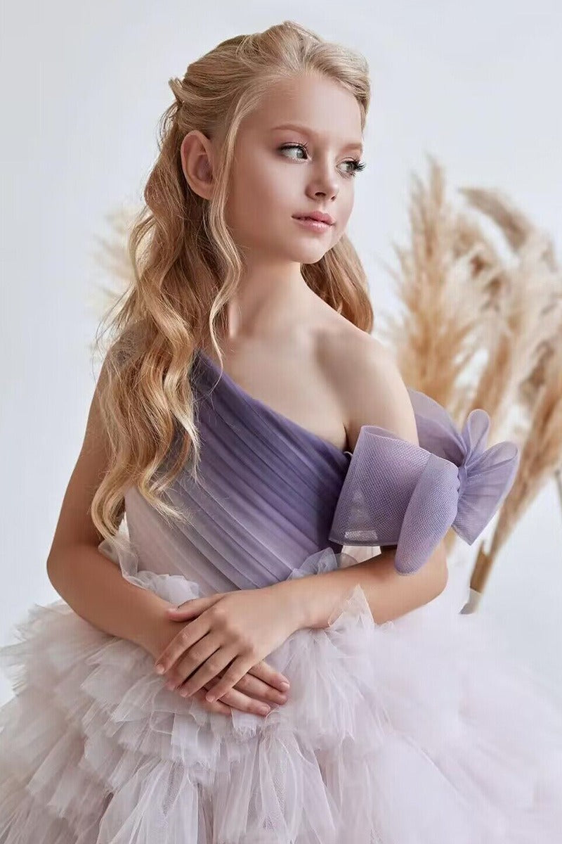 A-Line Asymmetrical One Shoulder Tiered Tulle Sweep-Brush Train Flower Girl Dresses 779839145372