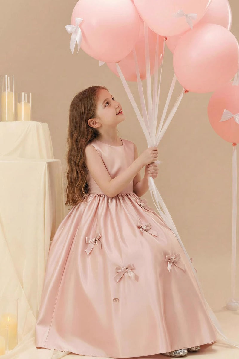 A-Line Satin Sleeveless Scattered Bow Details Flower Girl Dresses 1035117092057