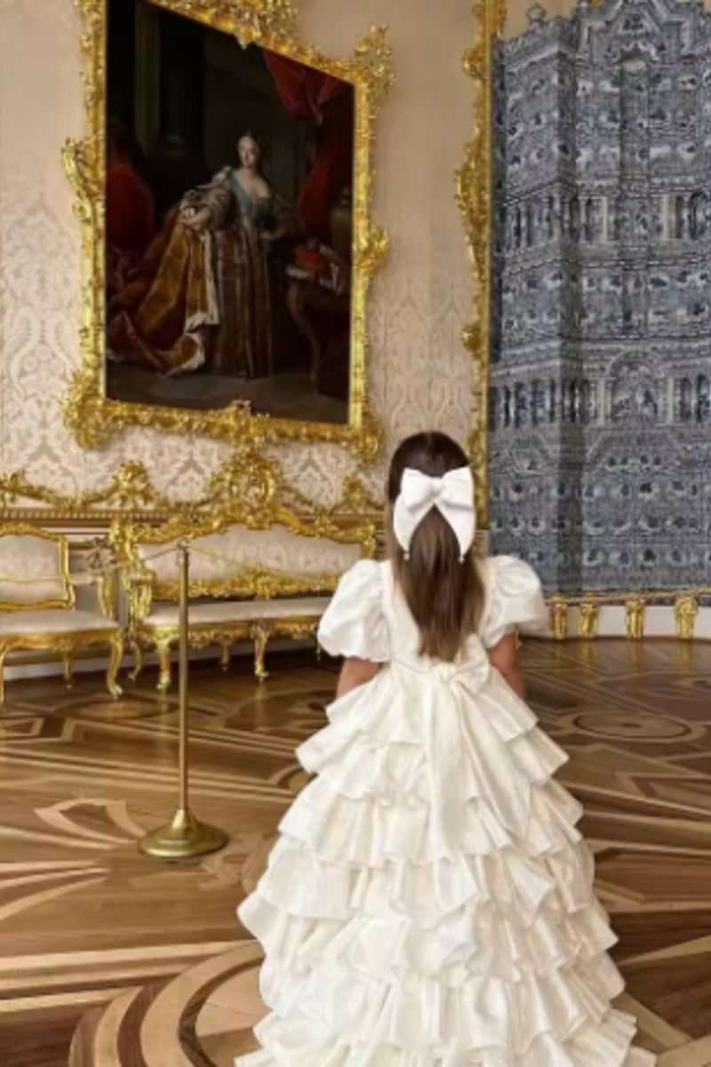 Romantic High-Low Train Tiered Ruffles Back Bow Flower Girl Dresses 950388949190
