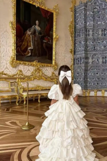 Romantic High-Low Train Tiered Ruffles Back Bow Flower Girl Dresses 950388949190 - 7 Days / White / 90cm - COCOMELODY