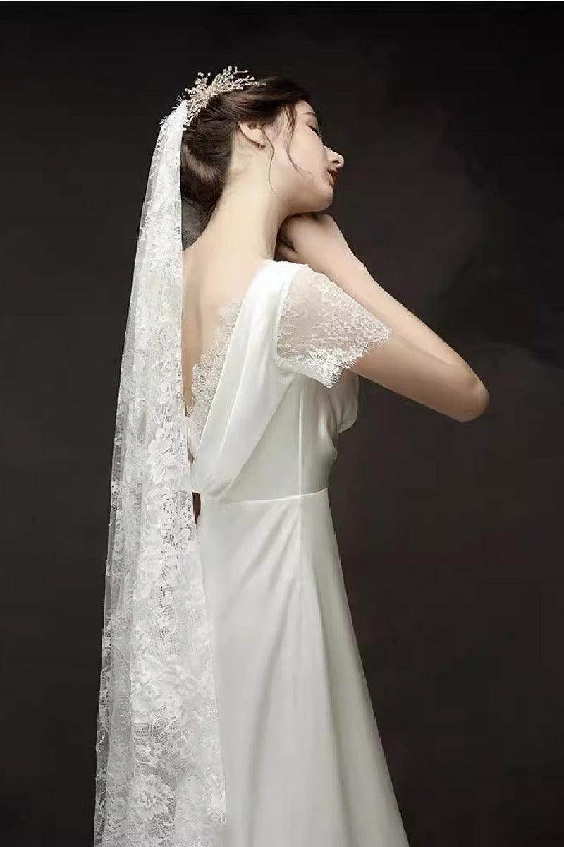 A-Line Sweep-Brush Train Satin Wedding Dress 687832654102 - COCOMELODY