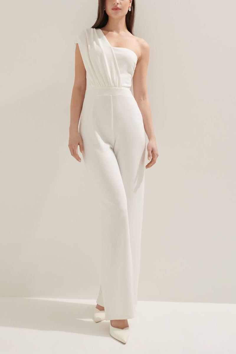 One Shoulder Floor Length Elastic Cloth Wedding Jumpsuit 818677461313