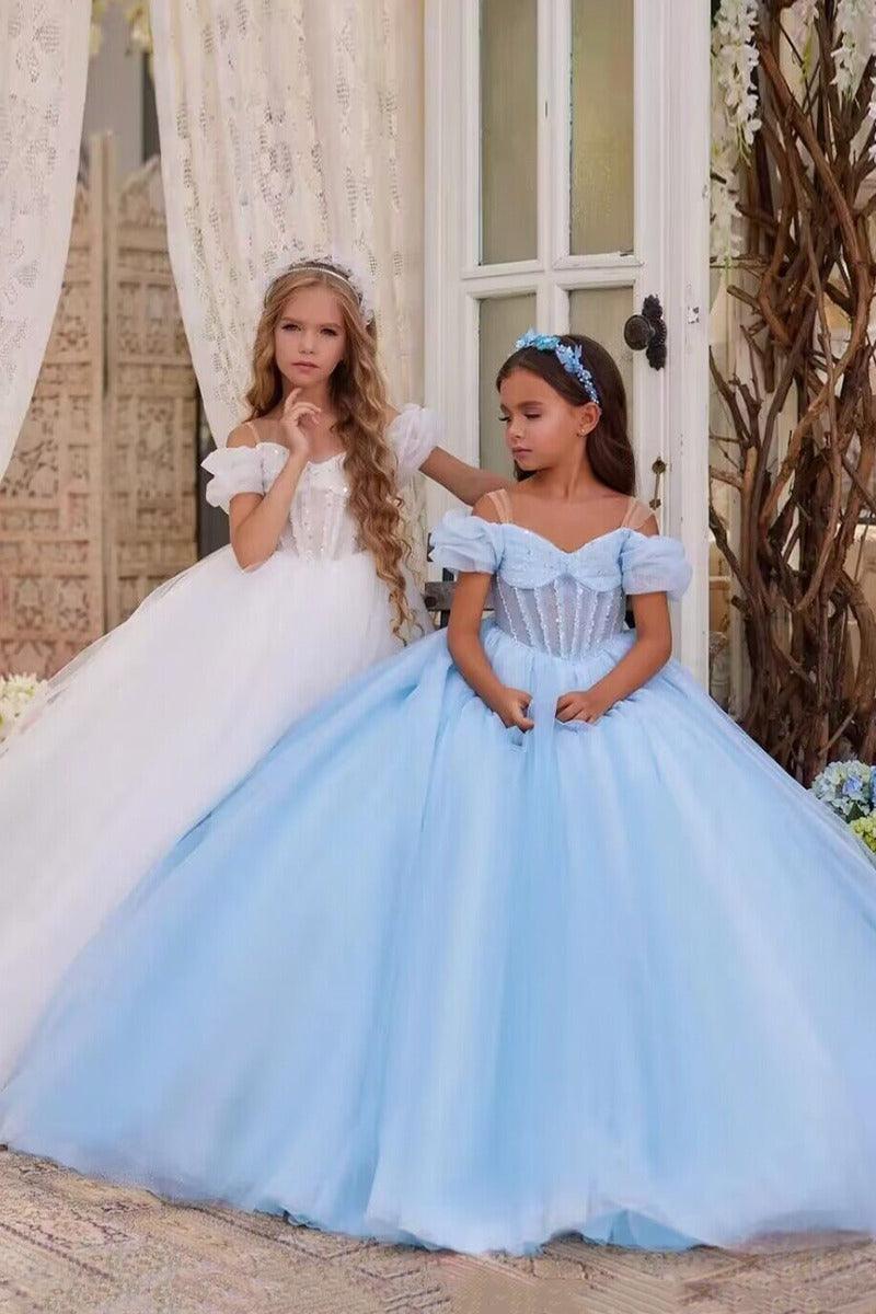 Off-Shoulder Puff Sleeve Corset Tulle Flower Girl Dresses 788863068858 - 10 Days / Blue / 2 - COCOMELODY