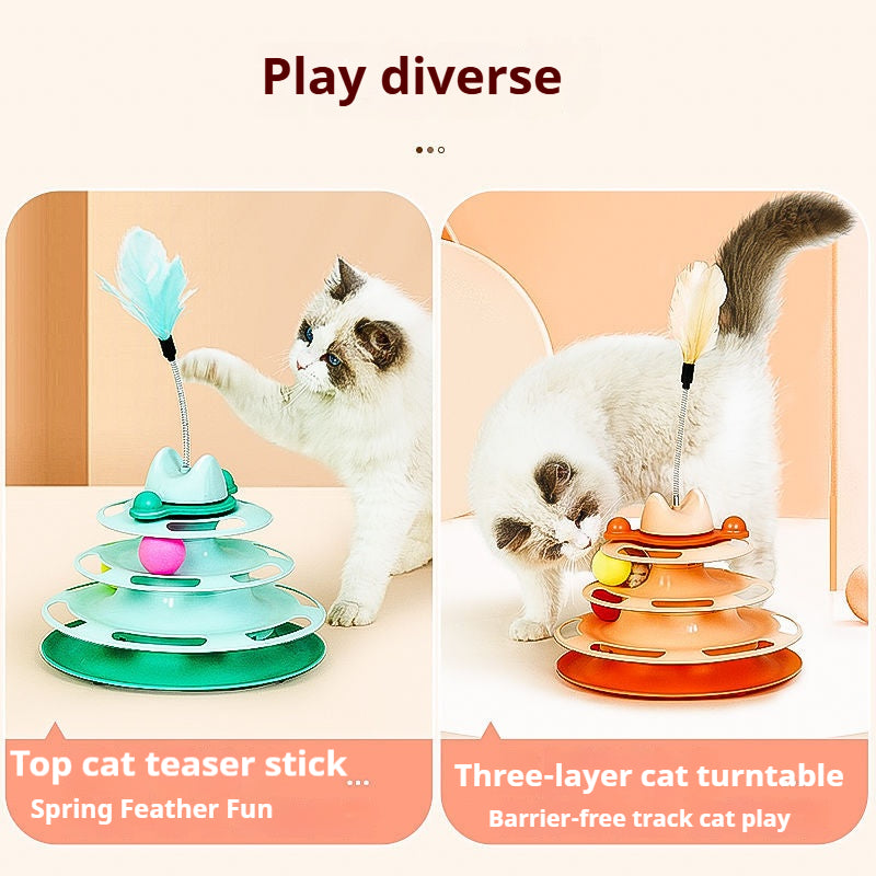 Cat toy three layer turntable track ball tease cat stick feather pet supplies 694484454159 - COCOMELODY