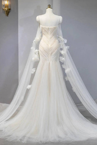 Trumpet-Mermaid Sweep-Brush Train Tulle Wedding Dress 827803420387 - COCOMELODY