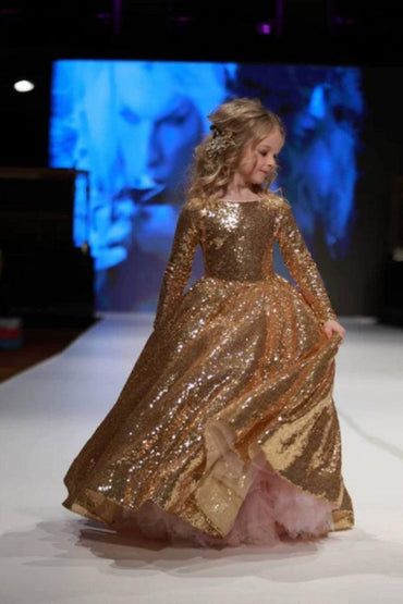 Luxury Gold Sequin Long Sleeve Round Neck Flower Girl Dresses 617778289380 - 7 Days / Gold / 2 - COCOMELODY