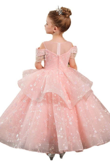 Illusion Neck Off-Shoulder Tassel Shoulder Sparkle Tulle Flower Girl Dresses 957274035794 - 7 Days / Pink / 100cm - COCOMELODY