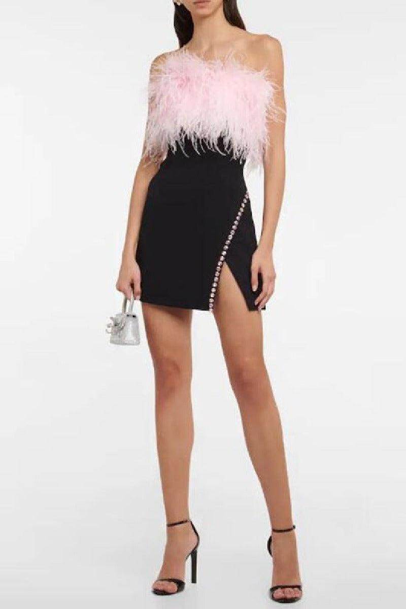 Feathered rhinestone top cocktail dress 737171051754 - COCOMELODY