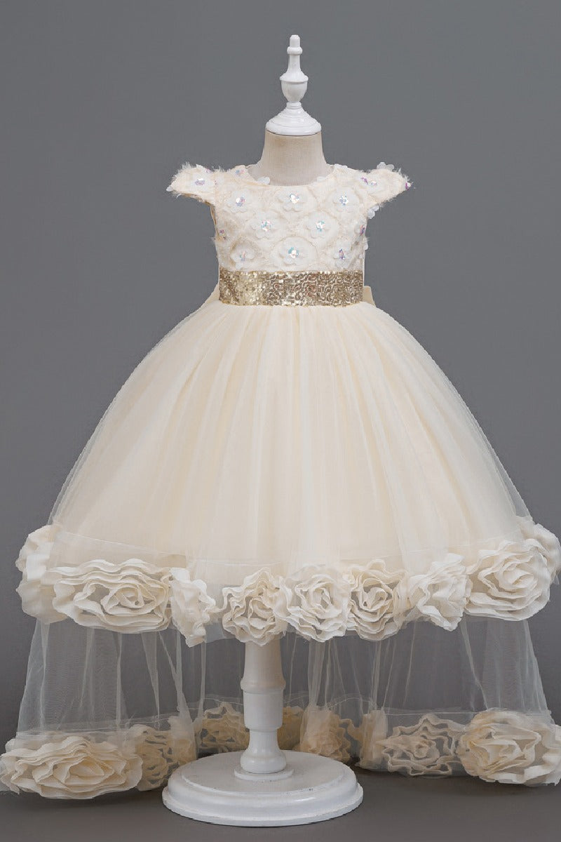 High-Low Cap Sleeve Sequin Lace Tulle Glitter Waistband Flower Girl Dresses 1049651569780