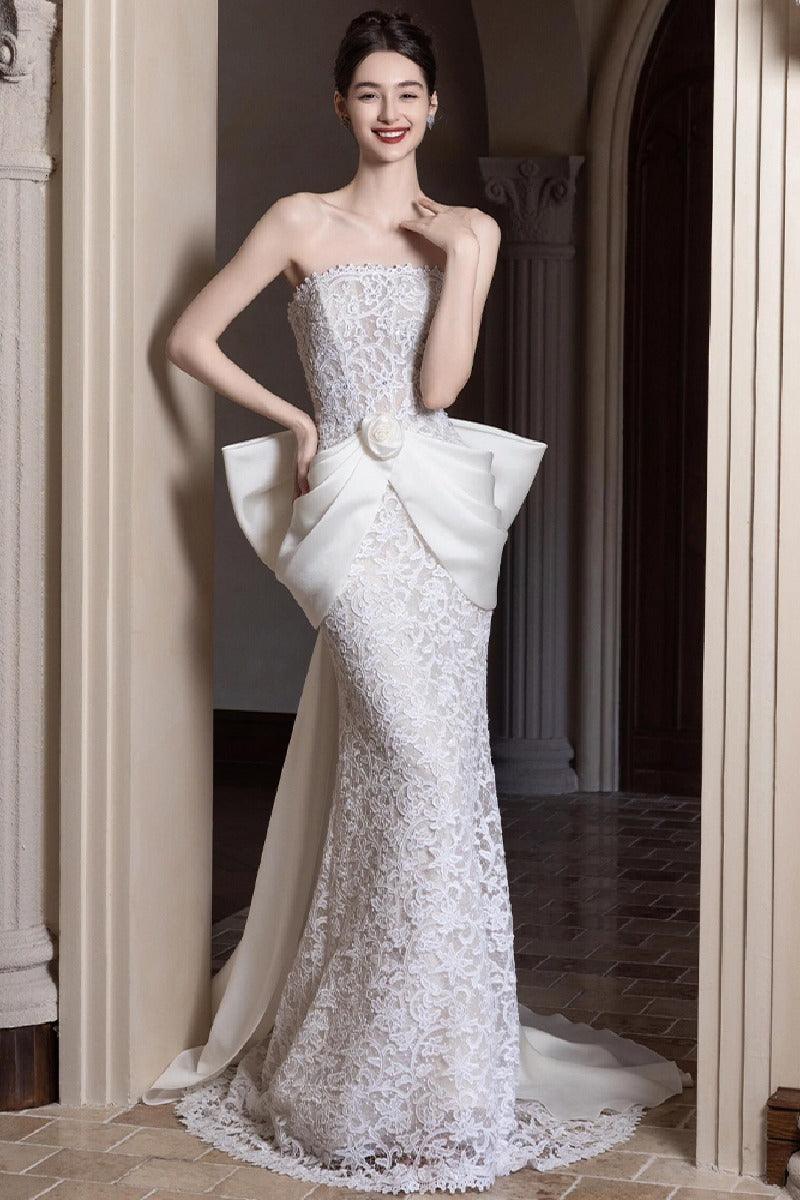 Sheath-Column Sweep-Brush Train Lace Wedding Dress 856822233361 - COCOMELODY