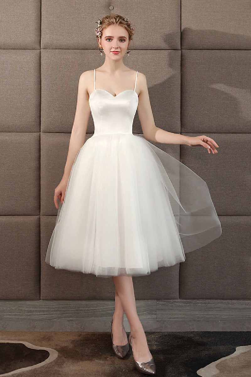 A-Line Tea Length Satin Tulle Wedding Dress 773541090129