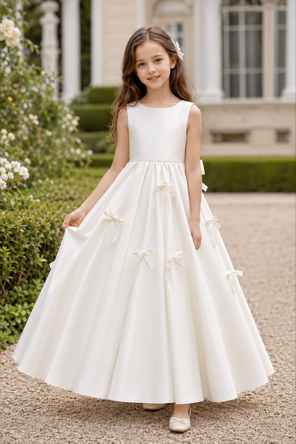 V-Back Bow Pearl Waist Scattered Bows Satin Flower Girl Dresses 1017327895779