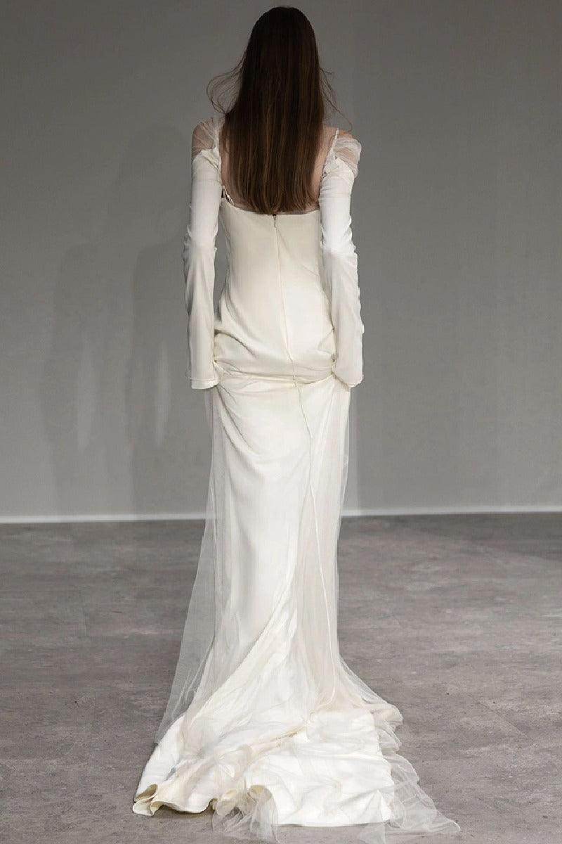 A-Line Sweep-Brush Train Satin Wedding Dress 743493384317 - COCOMELODY
