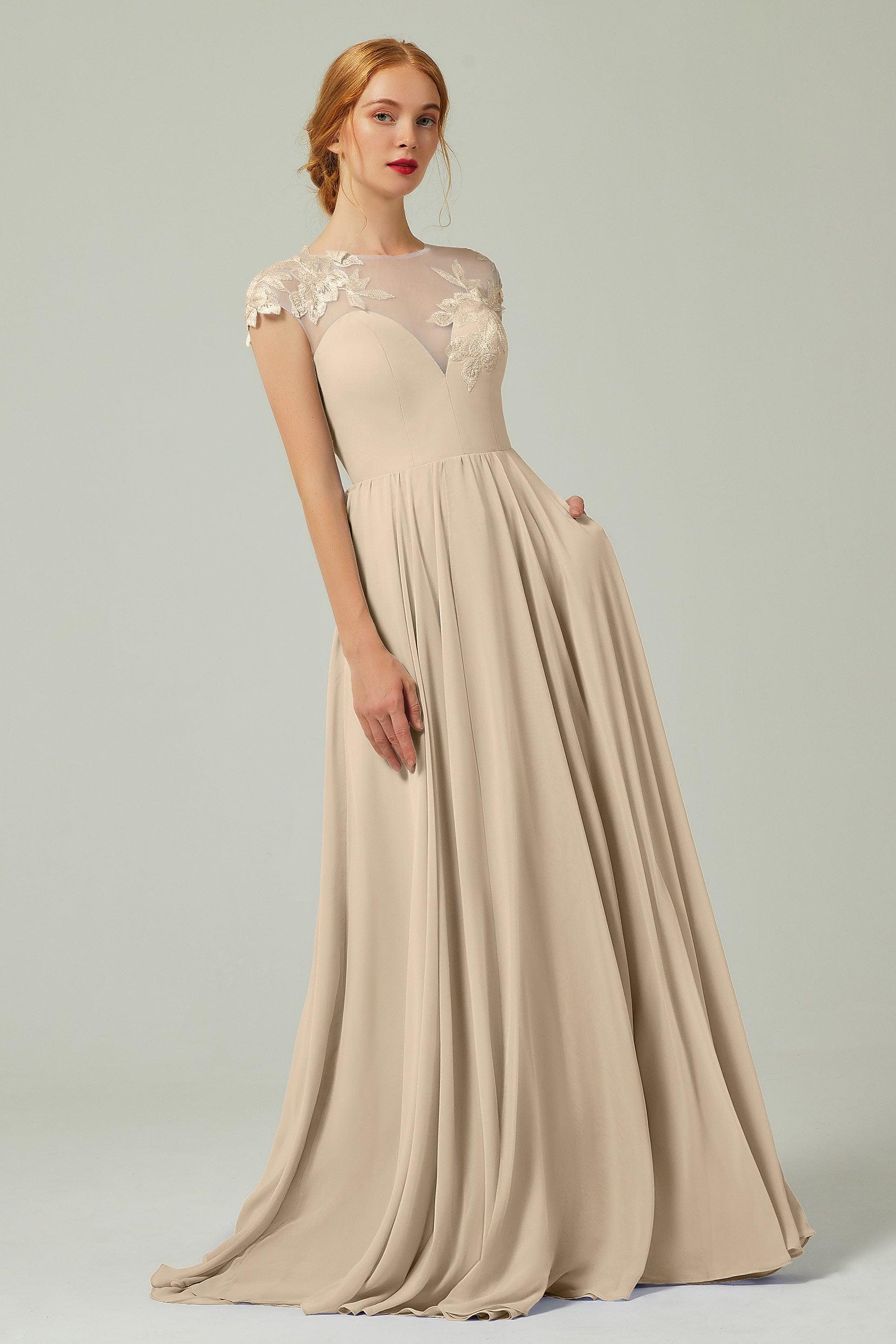 A-Line Sweep-Brush-Train Chiffon Bridesmaid Dress CB0248CR - COCOMELODY