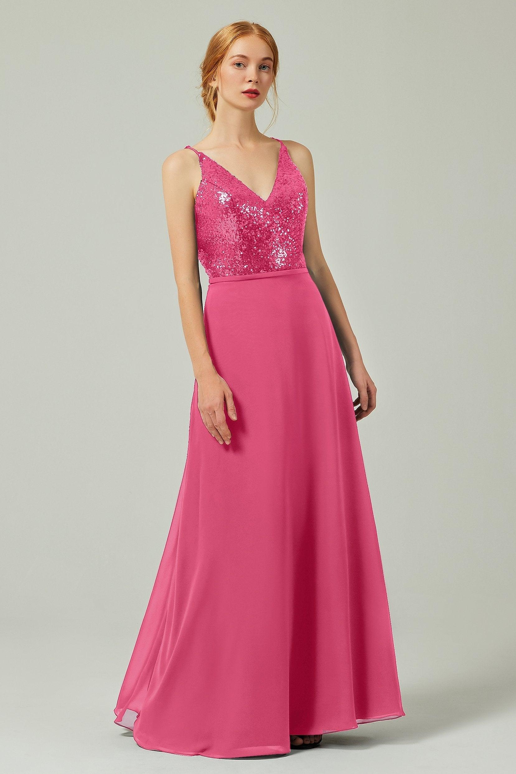 A-Line Floor Length Chiffon Sequined Bridesmaid Dress Formal Dresses CB0335 - COCOMELODY