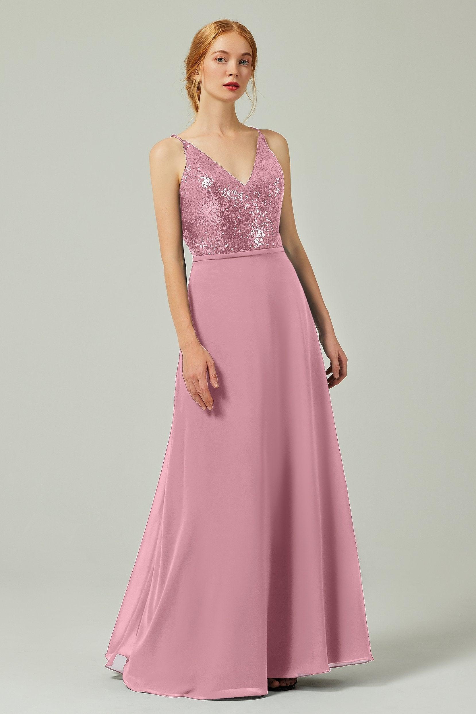 A-Line Floor Length Chiffon Sequined Bridesmaid Dress Formal Dresses CB0335 - COCOMELODY
